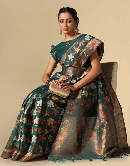 Rama Green Banarasi Cotton Saree | Leemboodi