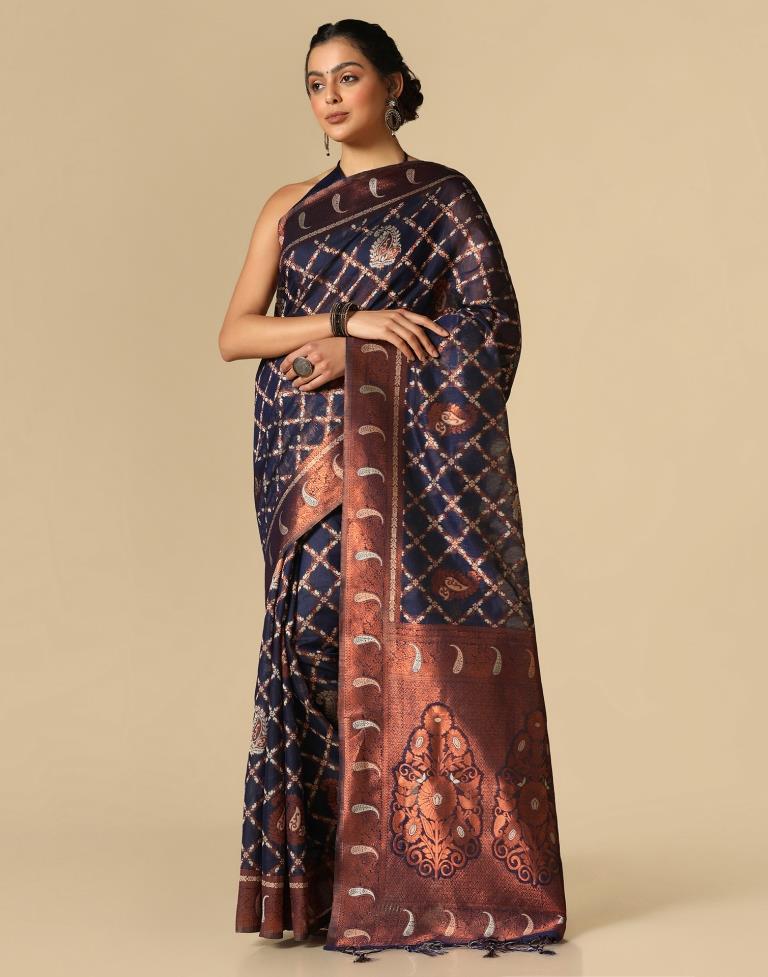 Dark Blue Banarasi Cotton Saree | Leemboodi