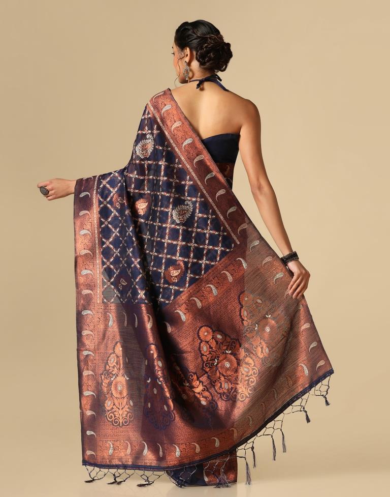 Dark Blue Banarasi Cotton Saree | Leemboodi