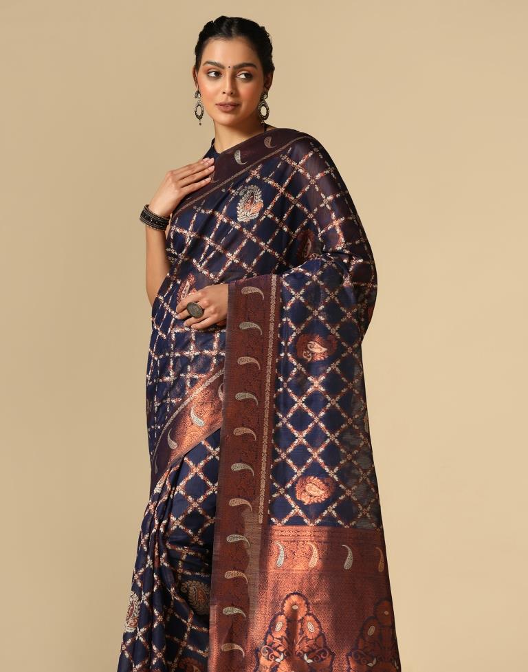 Dark Blue Banarasi Cotton Saree | Leemboodi