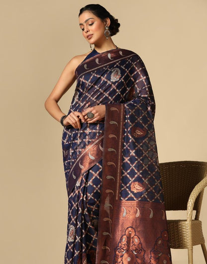 Dark Blue Banarasi Cotton Saree | Leemboodi