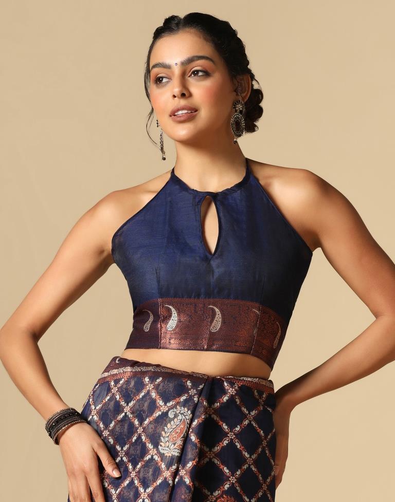 Dark Blue Banarasi Cotton Saree | Leemboodi