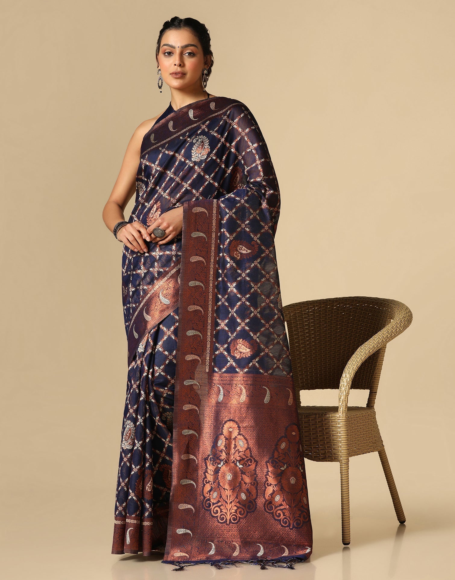 Dark Blue Banarasi Cotton Saree | Leemboodi