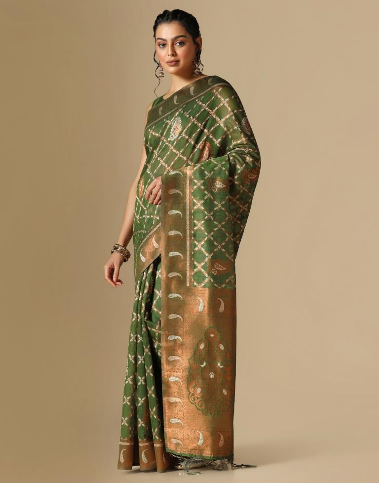 Olive Green Banarasi Cotton Saree | Leemboodi