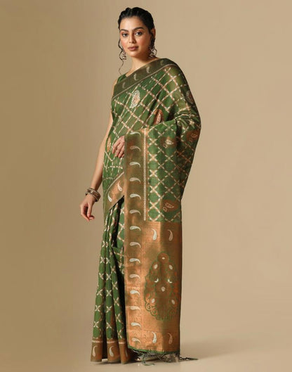 Olive Green Banarasi Cotton Saree | Leemboodi