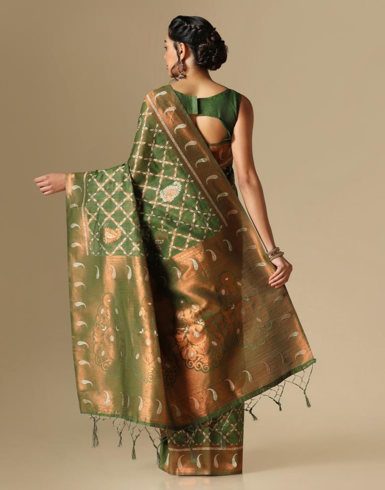 Olive Green Banarasi Cotton Saree | Leemboodi