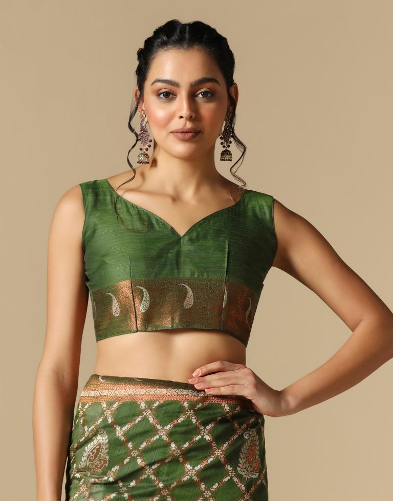 Olive Green Banarasi Cotton Saree | Leemboodi