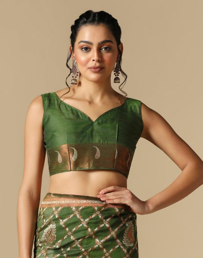 Olive Green Banarasi Cotton Saree | Leemboodi