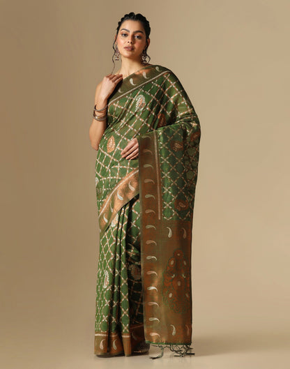 Olive Green Banarasi Cotton Saree | Leemboodi