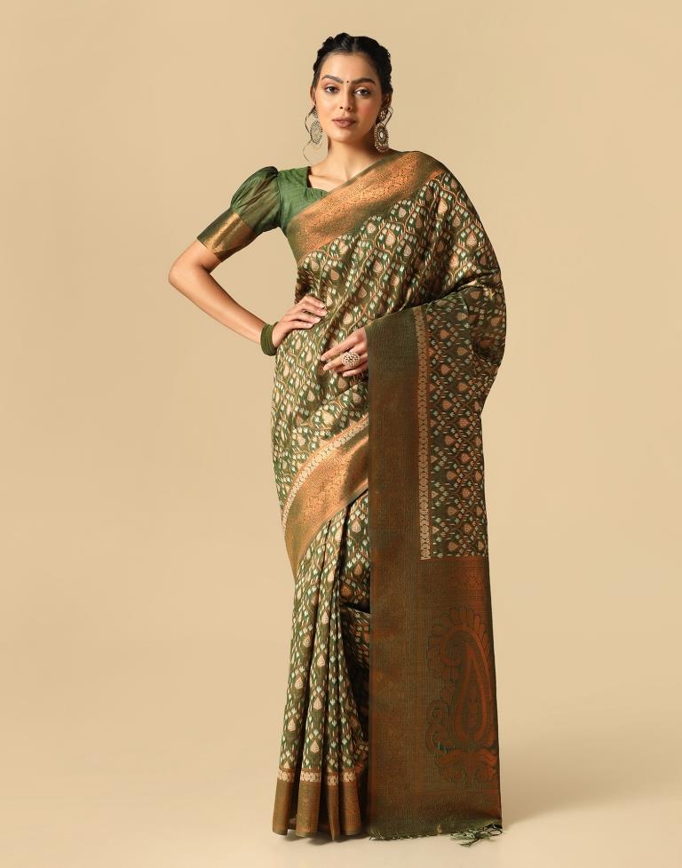 Olive Green Banarasi Cotton Saree | Leemboodi