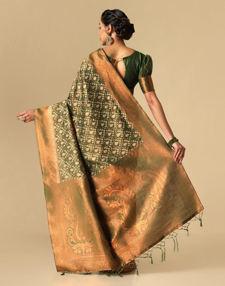 Olive Green Banarasi Cotton Saree | Leemboodi
