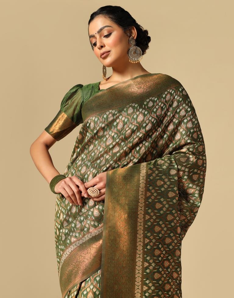 Olive Green Banarasi Cotton Saree | Leemboodi