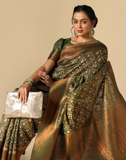 Olive Green Banarasi Cotton Saree | Leemboodi