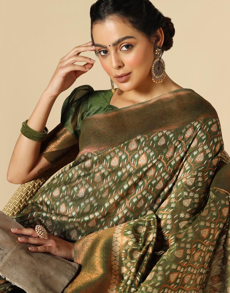 Olive Green Banarasi Cotton Saree | Leemboodi