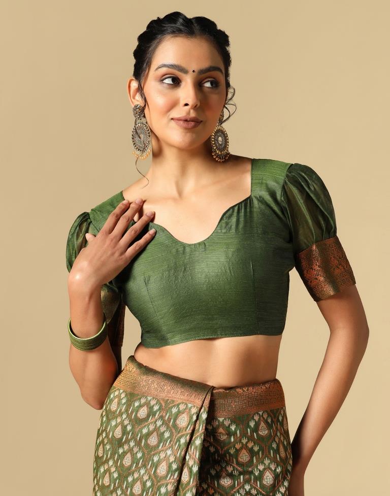 Olive Green Banarasi Cotton Saree | Leemboodi