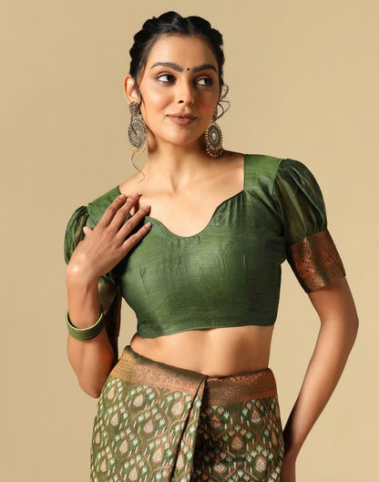 Olive Green Banarasi Cotton Saree | Leemboodi