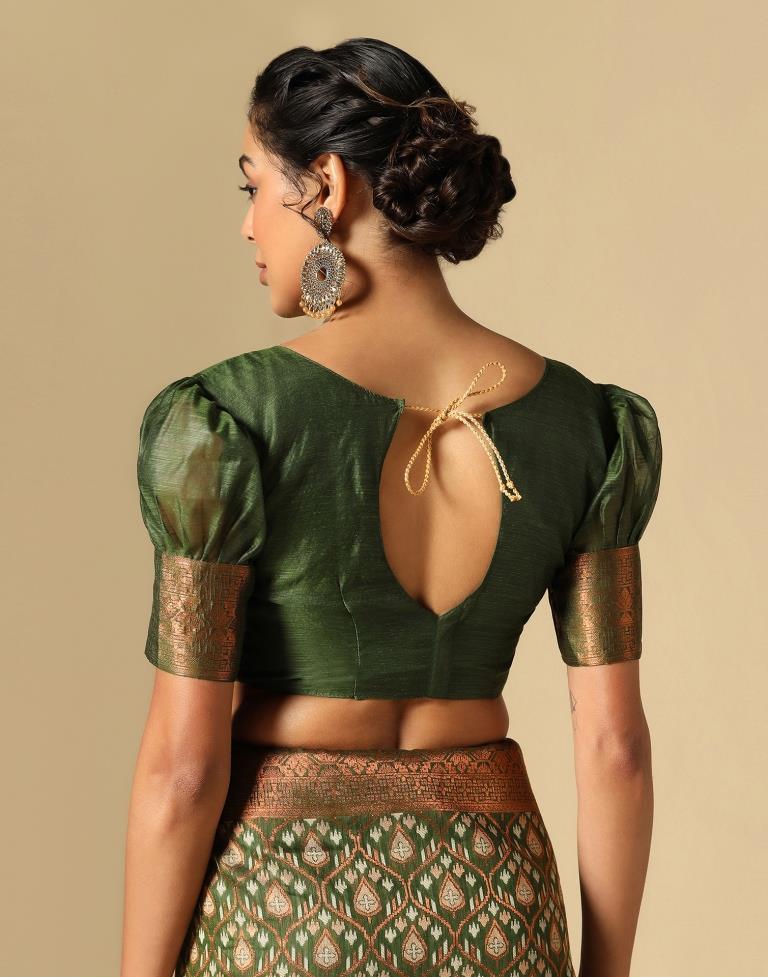 Olive Green Banarasi Cotton Saree | Leemboodi