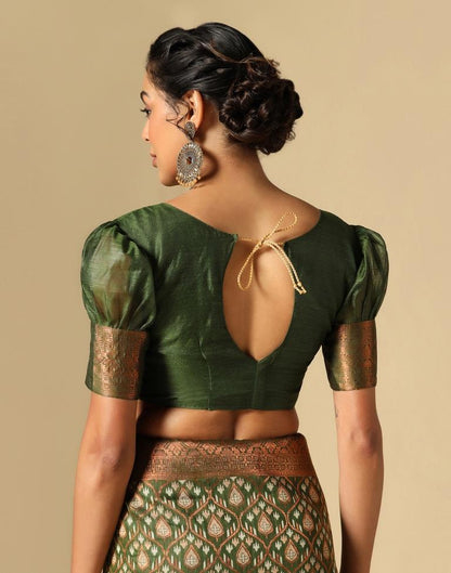 Olive Green Banarasi Cotton Saree | Leemboodi