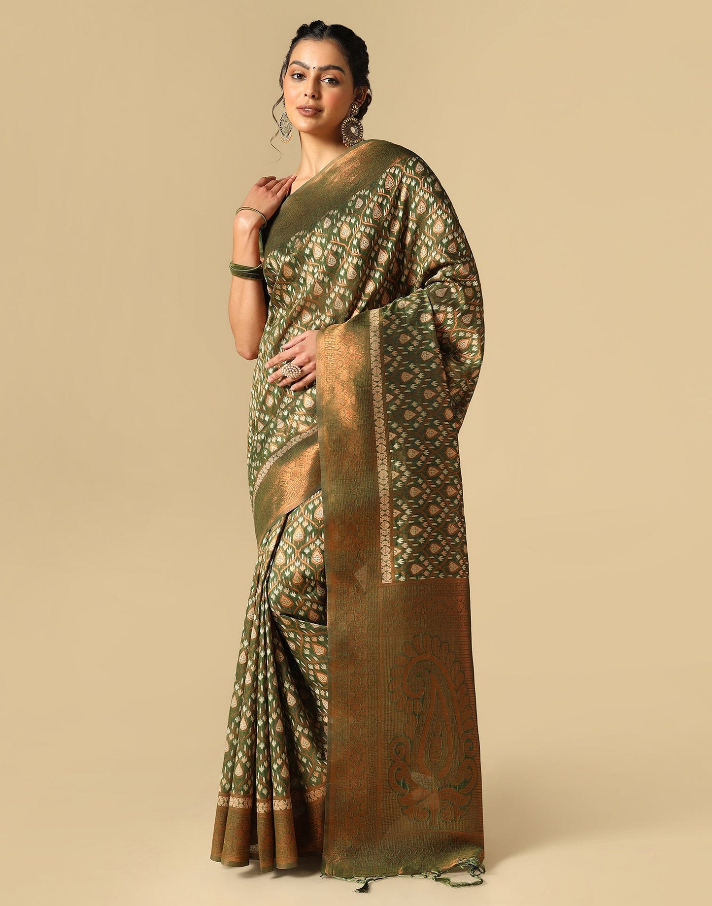 Olive Green Banarasi Cotton Saree | Leemboodi