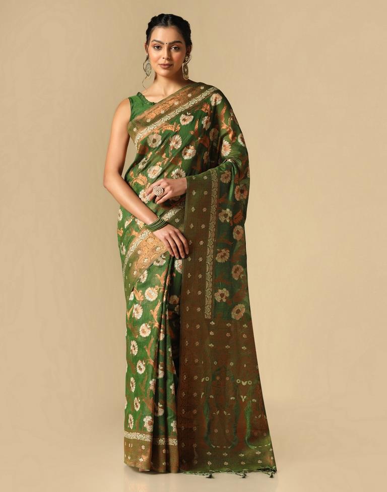 Olive Green Banarasi Cotton Saree | Leemboodi