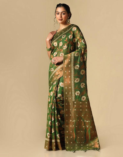 Olive Green Banarasi Cotton Saree | Leemboodi