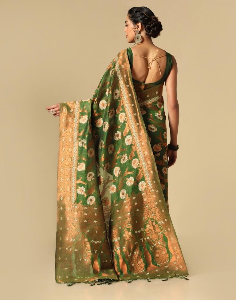 Olive Green Banarasi Cotton Saree | Leemboodi