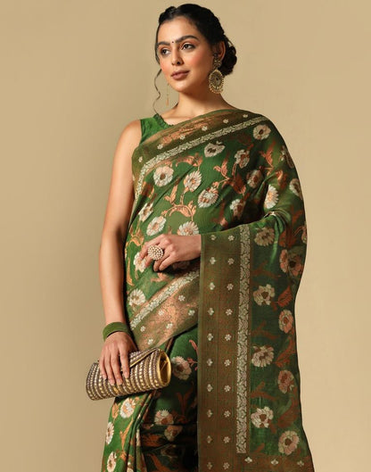 Olive Green Banarasi Cotton Saree | Leemboodi