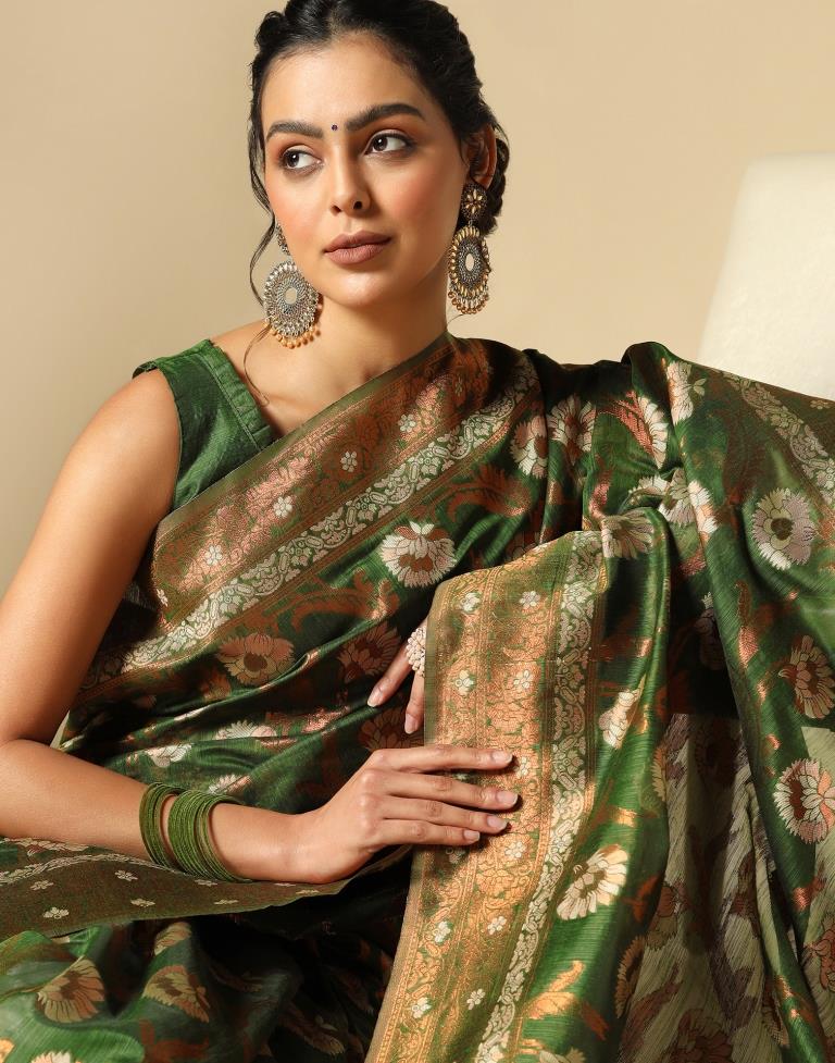 Olive Green Banarasi Cotton Saree | Leemboodi