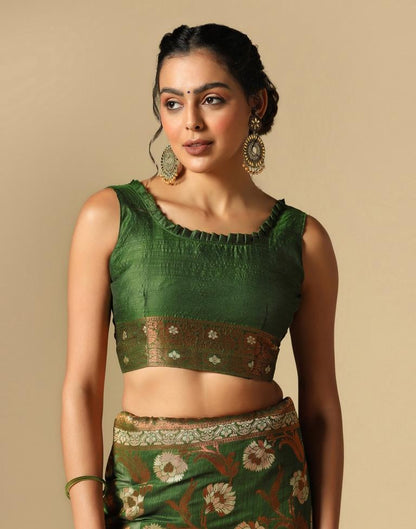 Olive Green Banarasi Cotton Saree | Leemboodi
