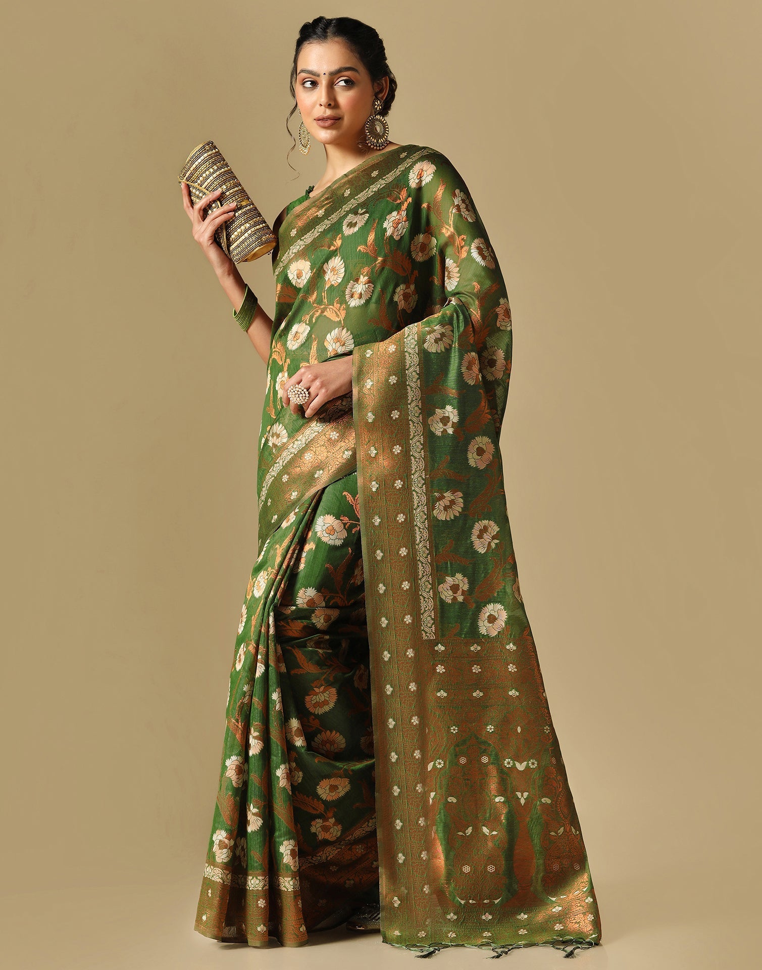 Olive Green Banarasi Cotton Saree | Leemboodi