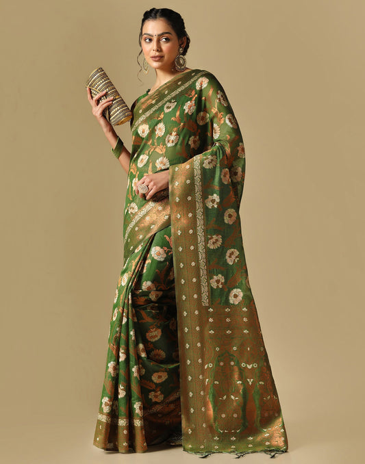 Olive Green Banarasi Cotton Saree | Leemboodi