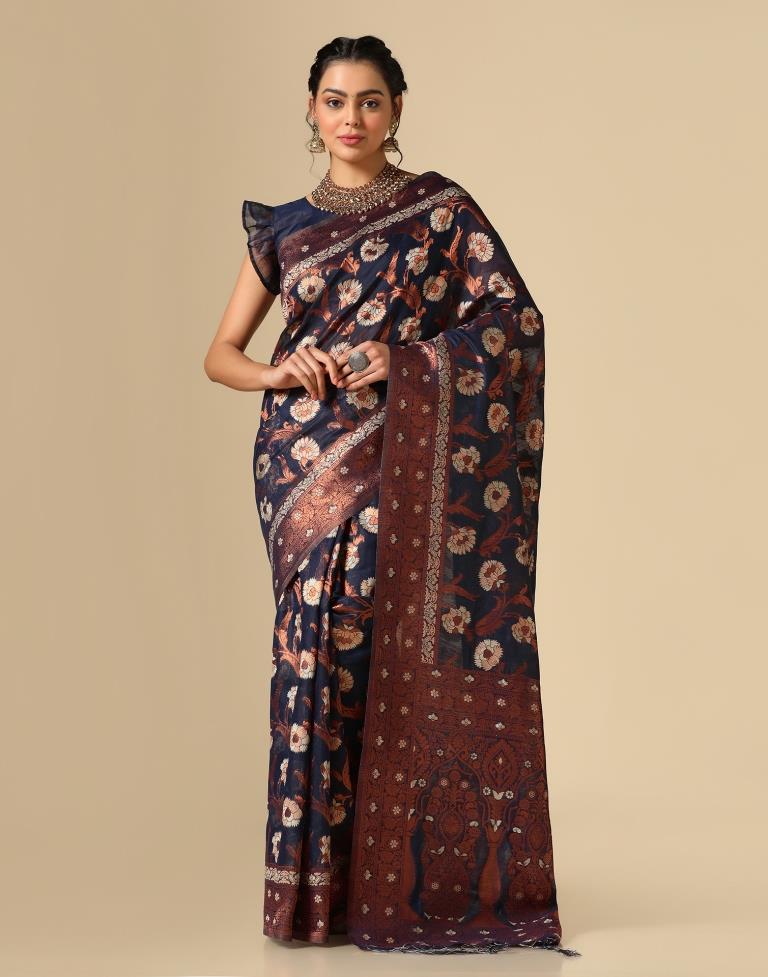 Dark Blue Banarasi Cotton Saree | Leemboodi