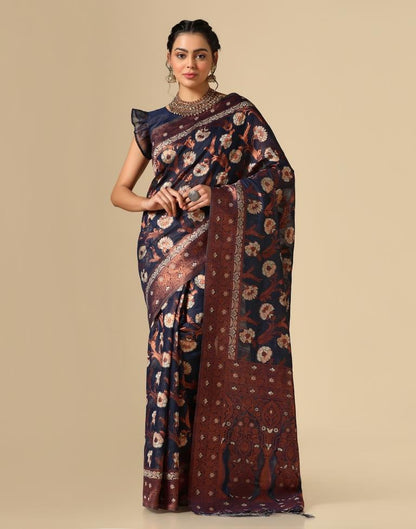 Dark Blue Banarasi Cotton Saree | Leemboodi