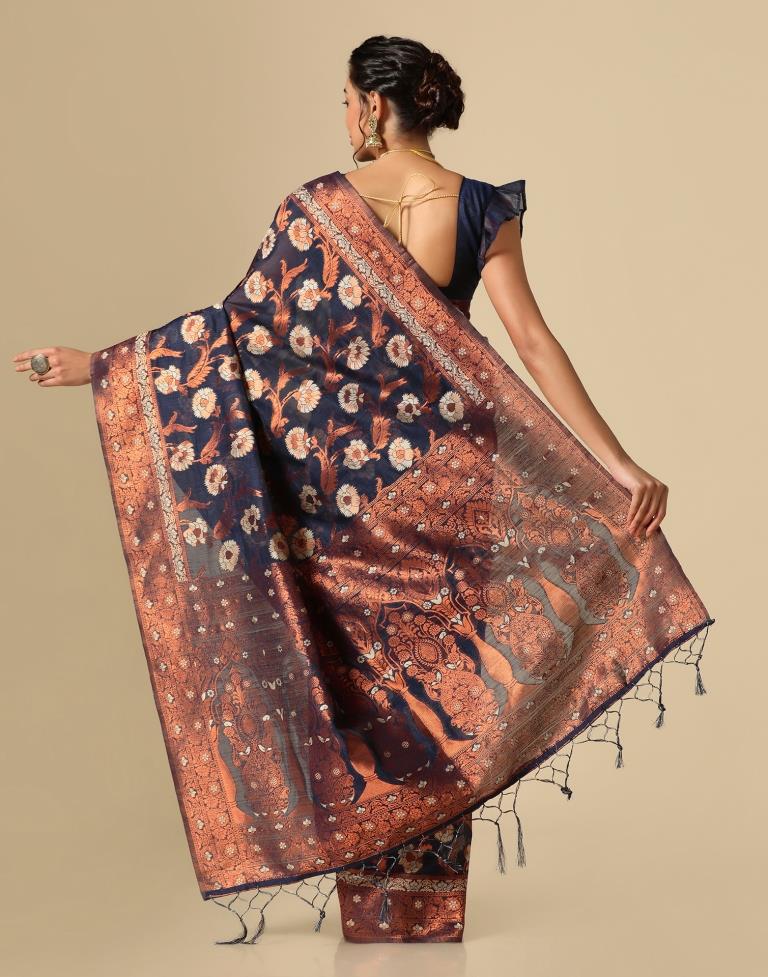 Dark Blue Banarasi Cotton Saree | Leemboodi