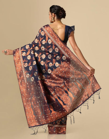 Dark Blue Banarasi Cotton Saree | Leemboodi