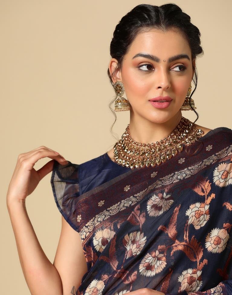 Dark Blue Banarasi Cotton Saree | Leemboodi