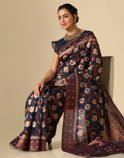 Dark Blue Banarasi Cotton Saree | Leemboodi