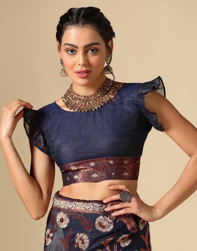 Dark Blue Banarasi Cotton Saree | Leemboodi