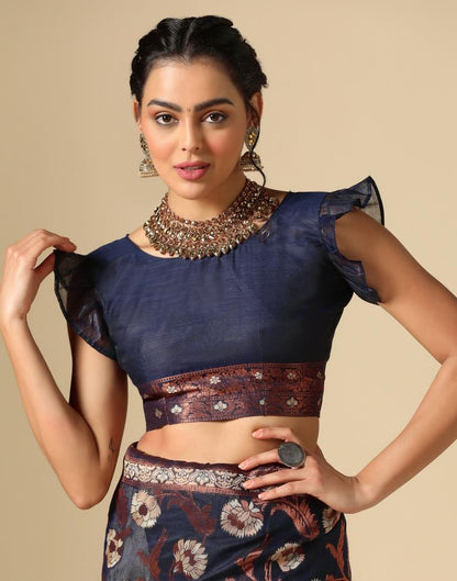 Dark Blue Banarasi Cotton Saree | Leemboodi