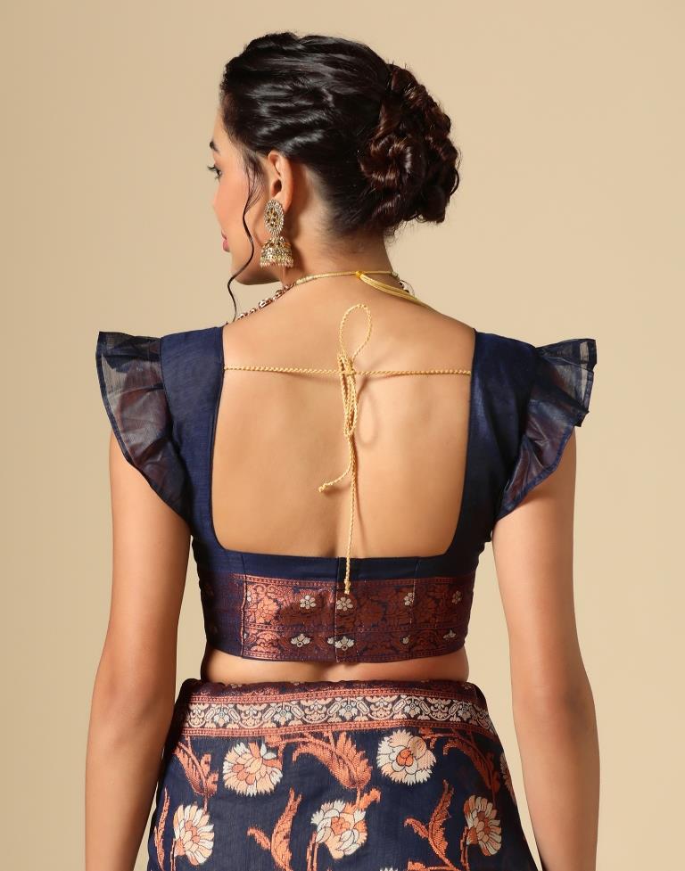 Dark Blue Banarasi Cotton Saree | Leemboodi