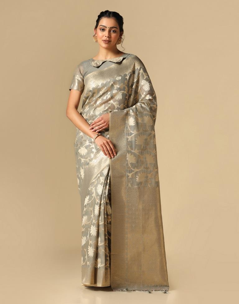 Grey Banarasi Cotton Saree | Leemboodi