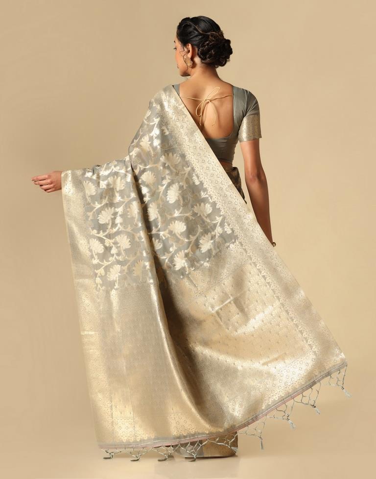 Grey Banarasi Cotton Saree | Leemboodi