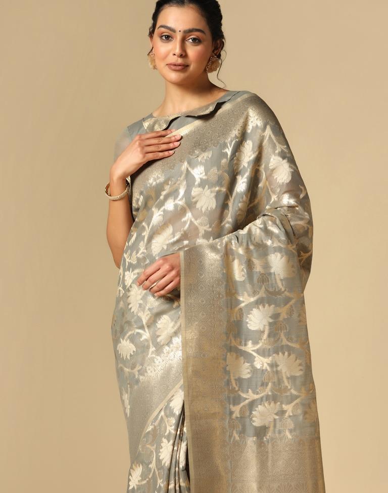 Grey Banarasi Cotton Saree | Leemboodi