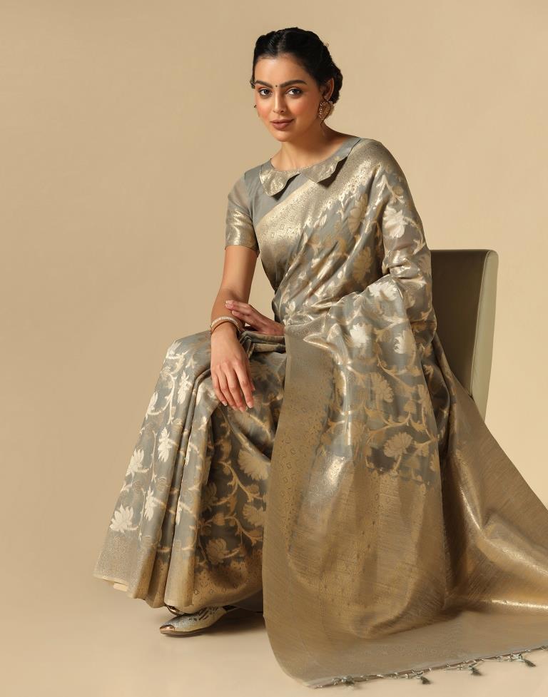 Grey Banarasi Cotton Saree | Leemboodi