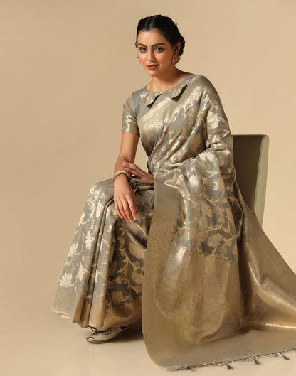 Grey Banarasi Cotton Saree | Leemboodi