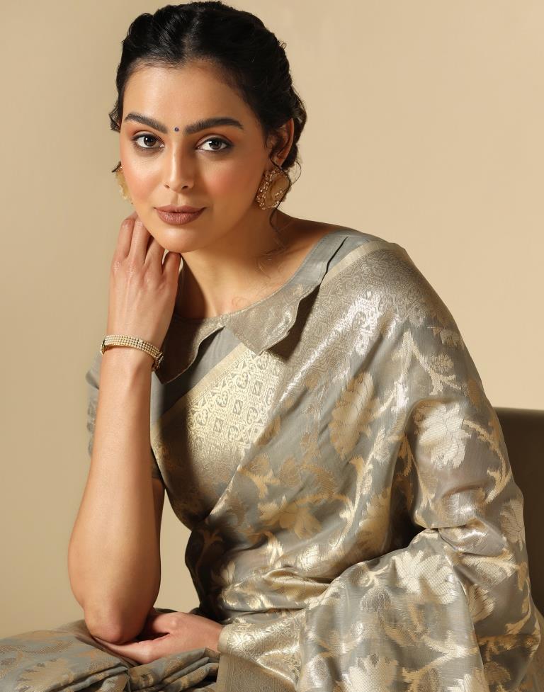 Grey Banarasi Cotton Saree | Leemboodi