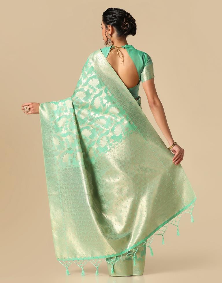 Turquoise Green Banarasi Cotton Saree | Leemboodi