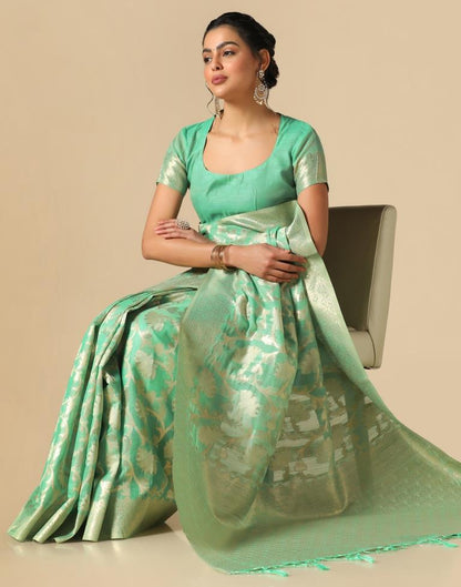 Turquoise Green Banarasi Cotton Saree | Leemboodi