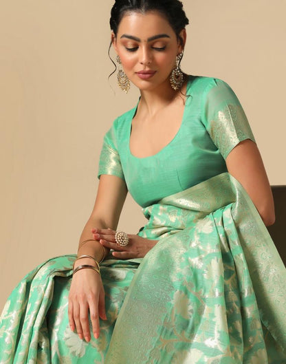 Turquoise Green Banarasi Cotton Saree | Leemboodi