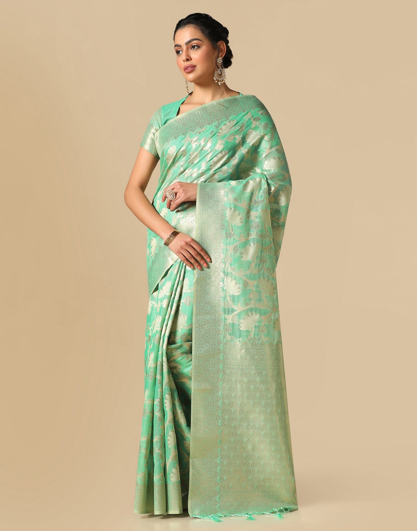 Turquoise Green Banarasi Cotton Saree | Leemboodi